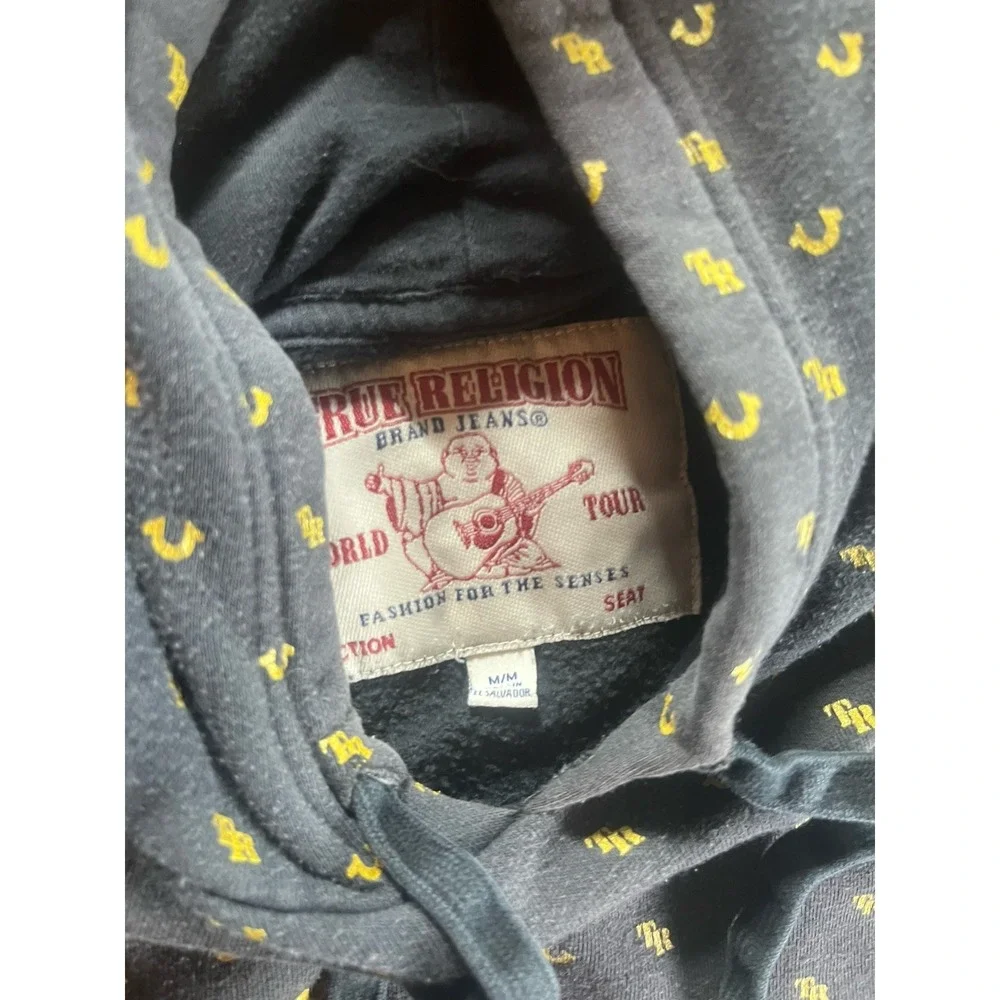 Y2K Style True Religion All Over Print Horseshoe Logo Hoodie Black Gold Medium